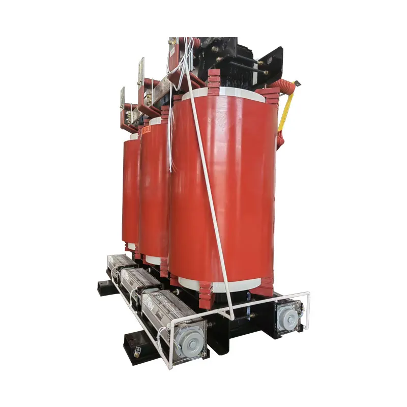 End view of a cast-resin dry-type transformer showing windings and cooling fans