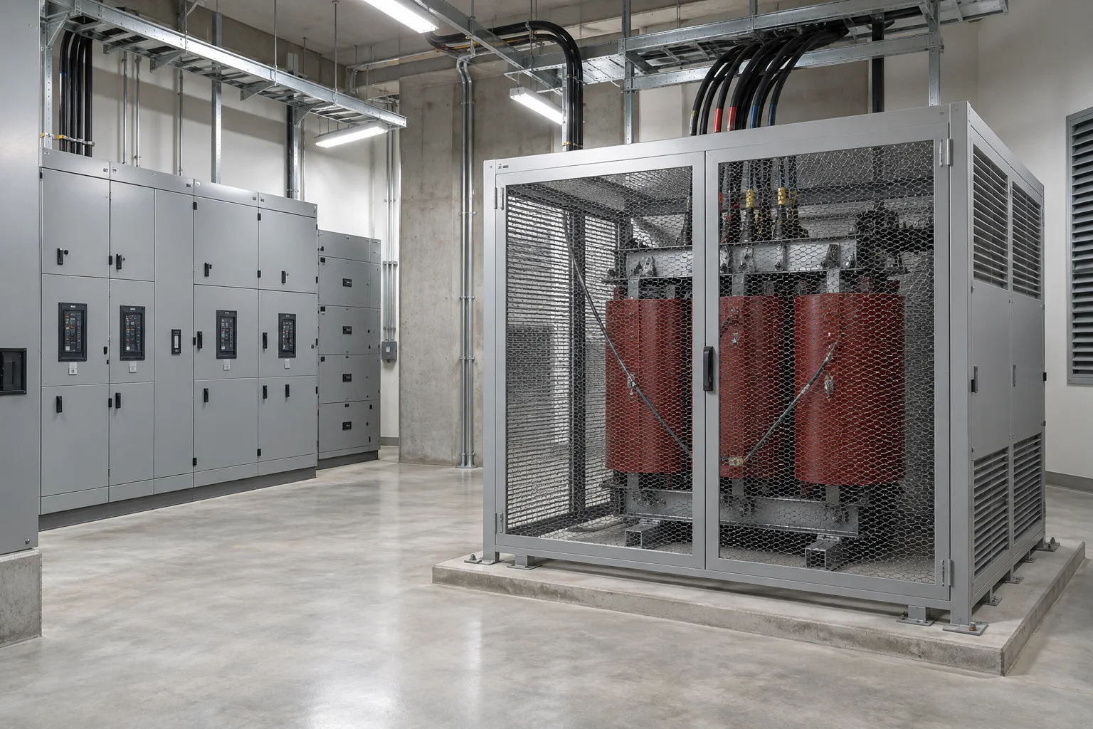 Illustrative indoor distribution room with an enclosed dry-type transformer beside switchgear