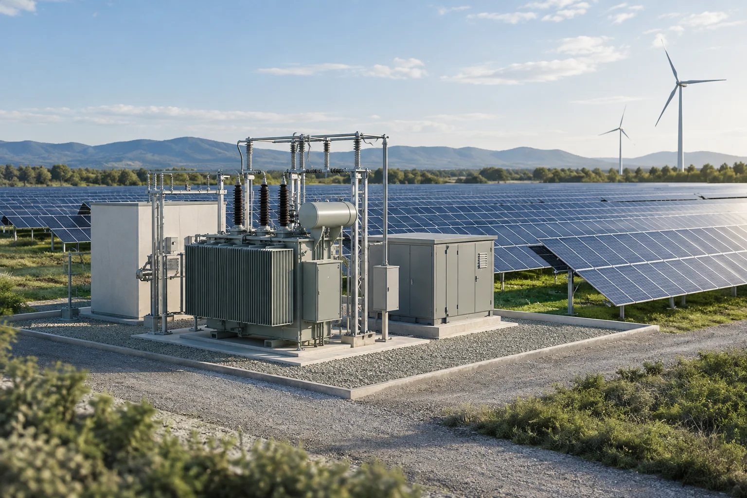 Illustrative photovoltaic collection site with a transformer station and distant wind turbines