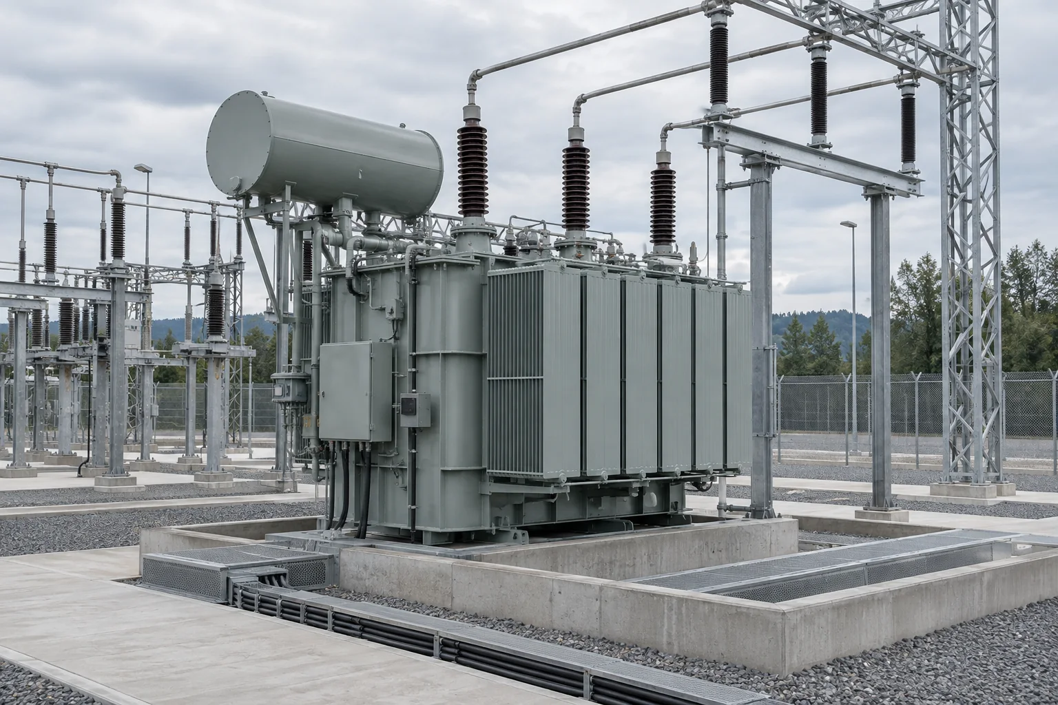 Illustrative outdoor substation with a power transformer, buswork and cable trenches