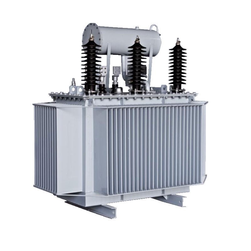 Oil-immersed distribution transformer with tank and bushings
