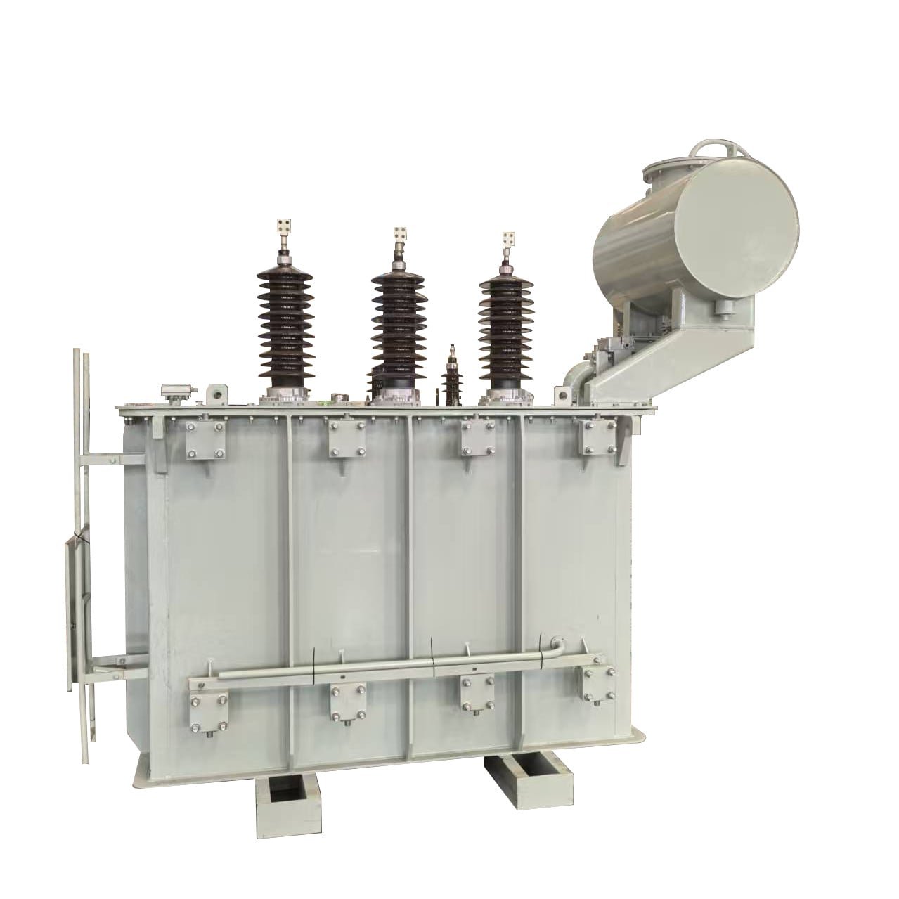 Oil-immersed power transformer with tank, bushings and conservator