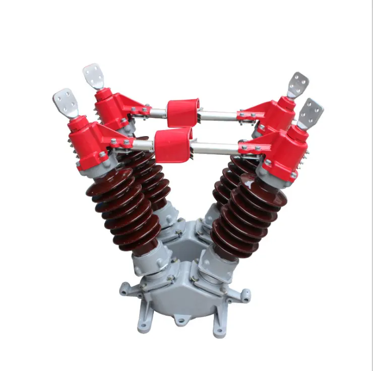 Outdoor disconnector series example with angled brown insulators and red contact heads