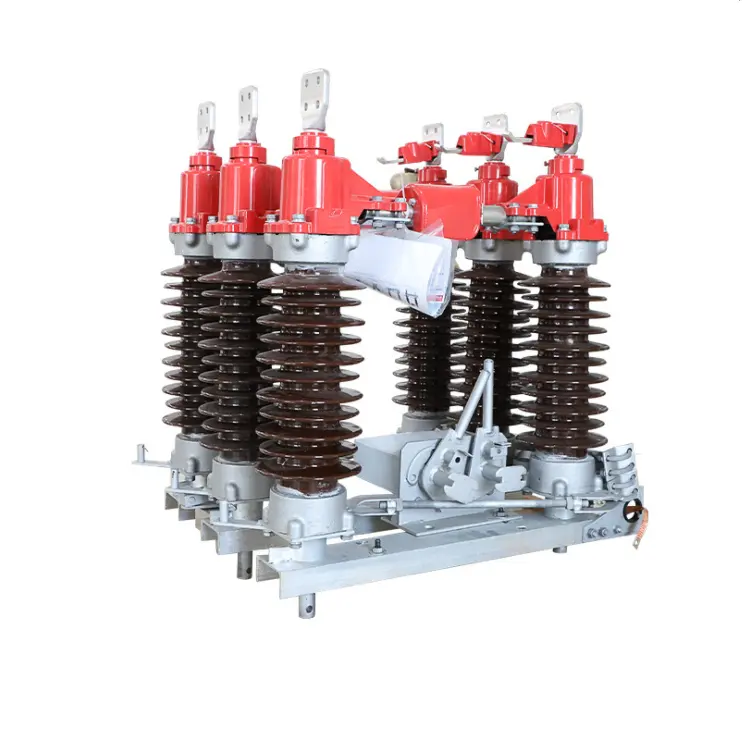 Outdoor disconnector configuration example with brown insulator columns, red contact housings and a central operating linkage