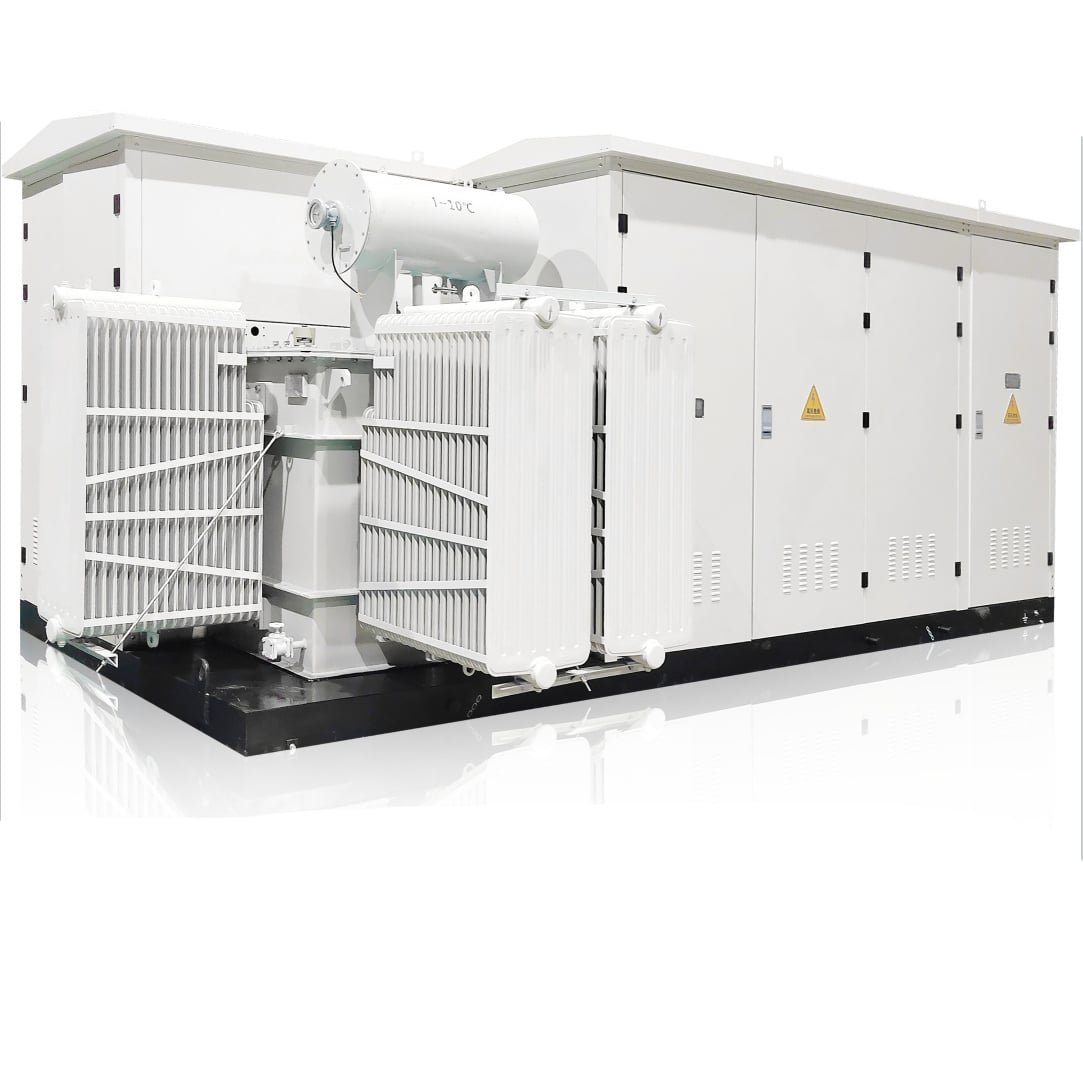 Exposed transformer between equipment cabinets in a PV step-up station package example
