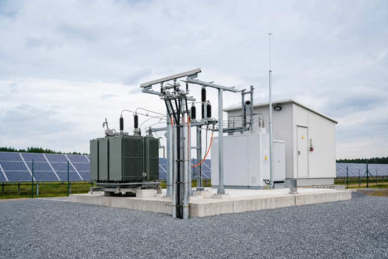Compact substation and transformer at a solar energy grid connection site