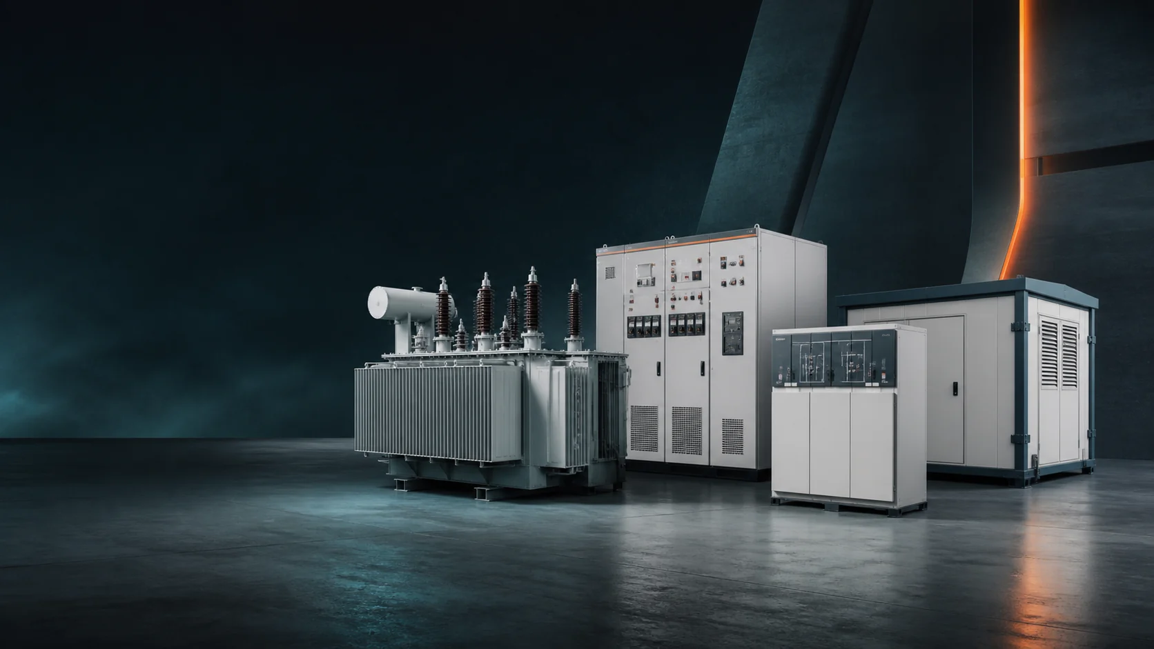 Illustrative lineup of transformer, switchgear, and substation equipment