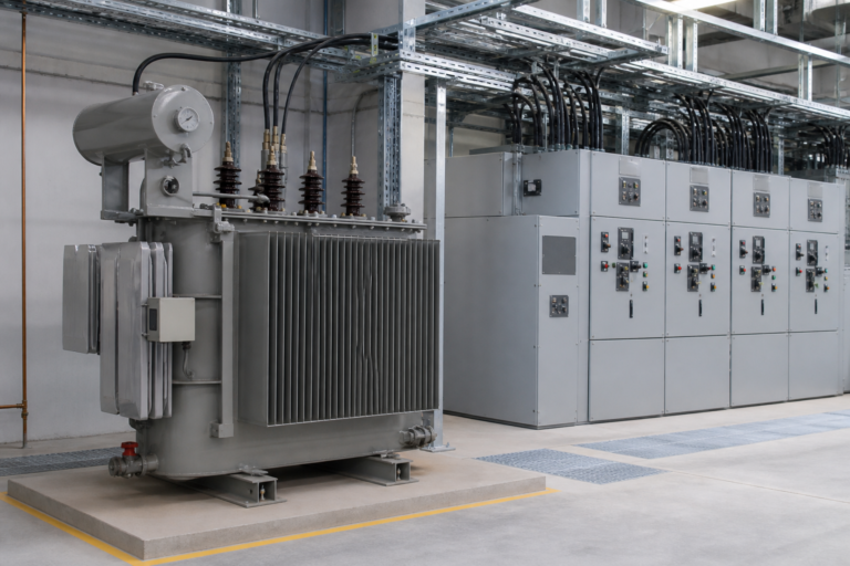 Distribution transformer and medium-voltage switchgear in an industrial electrical room